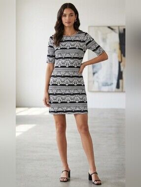 Black & White Lace Pattern Shift Dress Size 4 Mini Half Sleeve